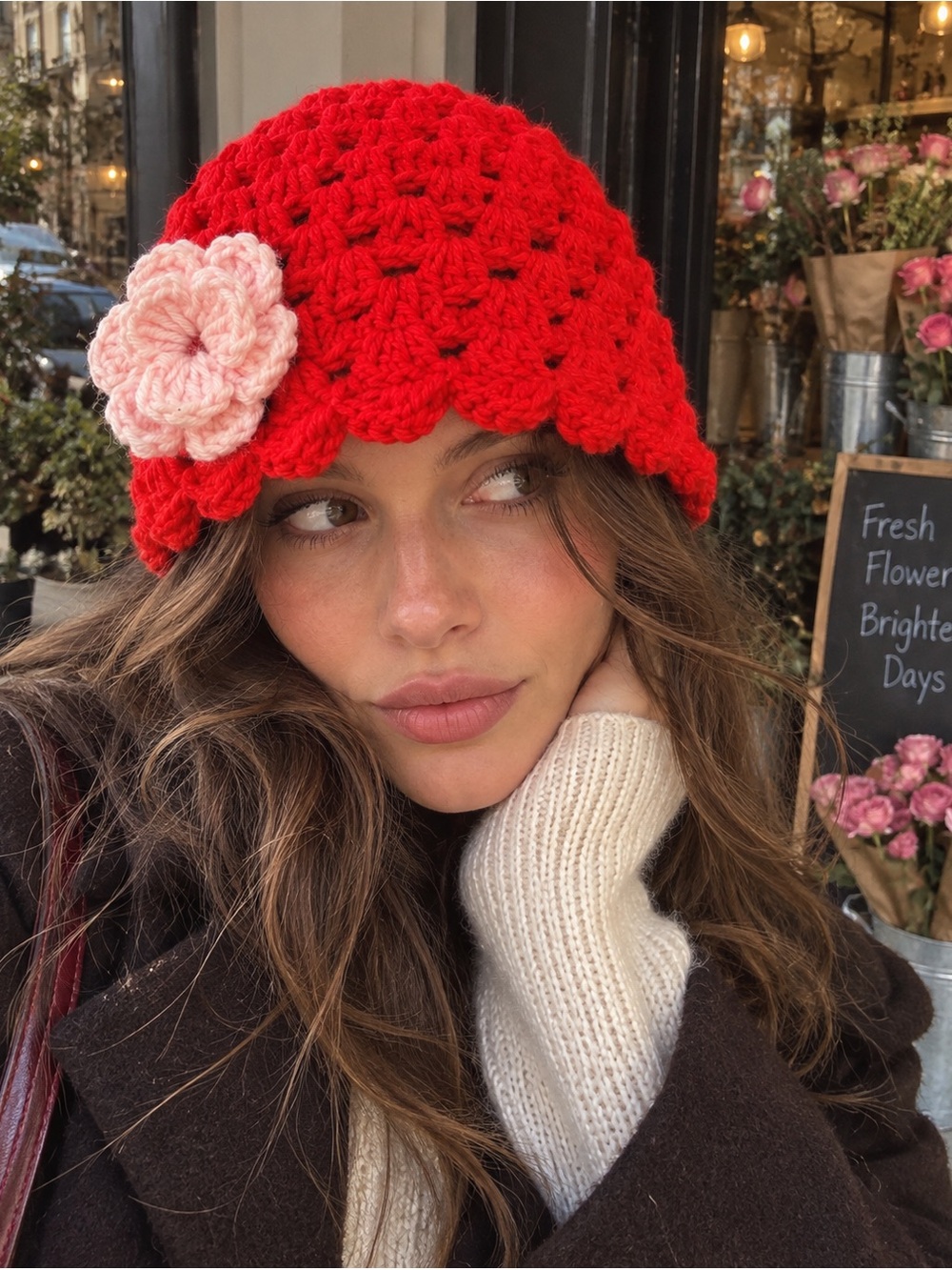 Handmade Red Crochet Beanie Pink Flower Adult Hat